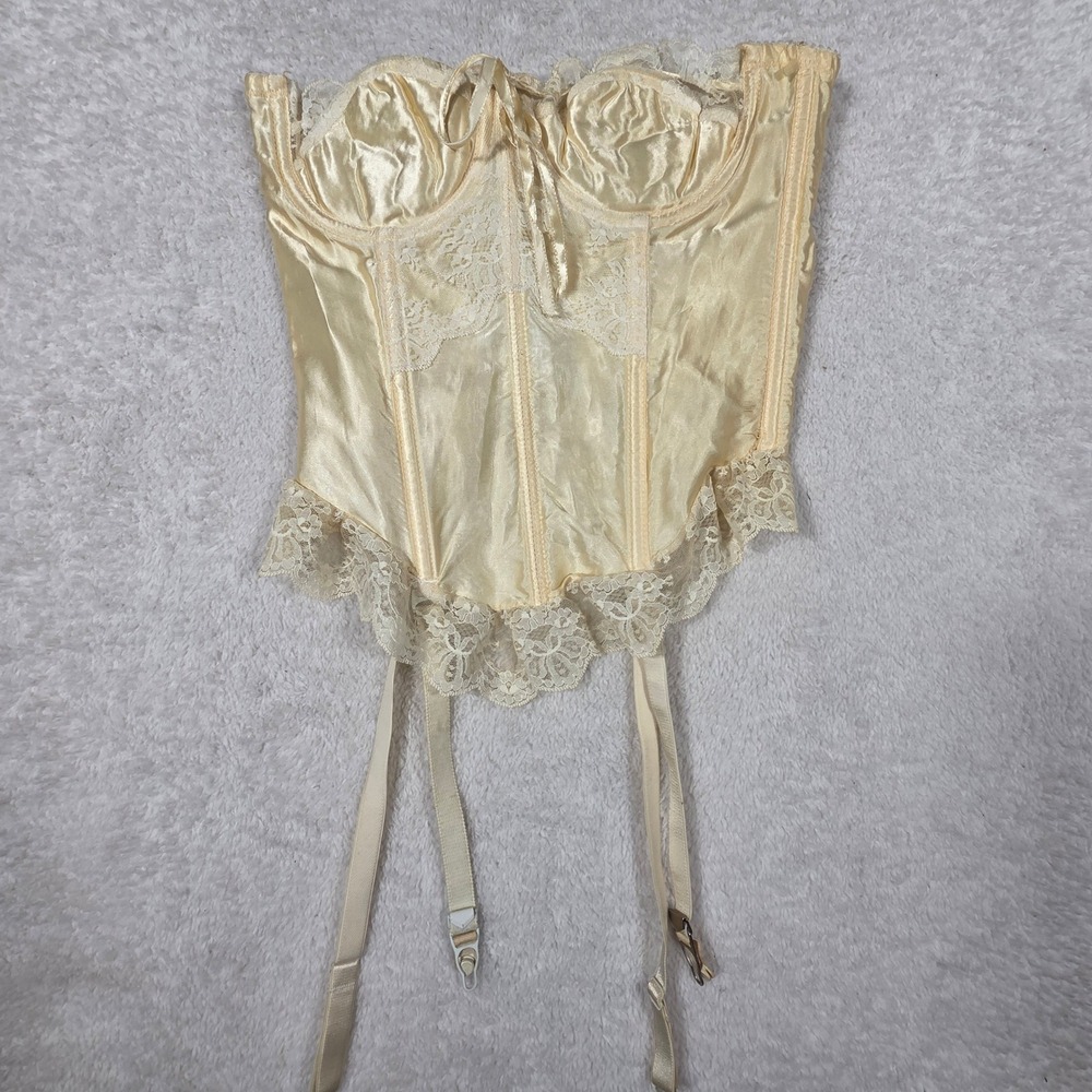 ILGWU Vintage Corset Basque Women 34 Champagne Good Lace Garter 70s 80s 5375